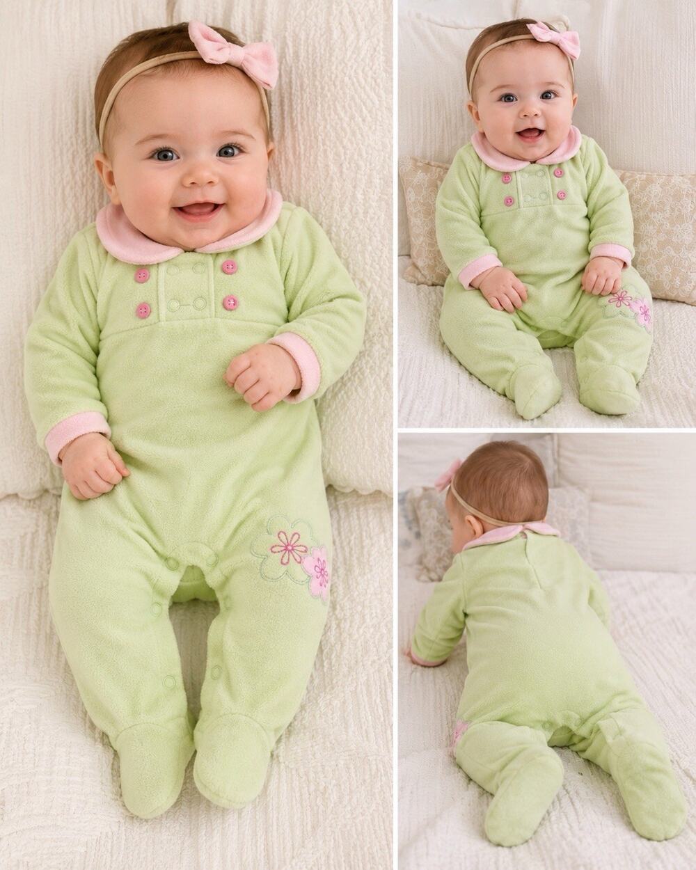 Little Me Baby Girl 6M Green Pink Fleece Footed Sleeper One Piece Pajamas Floral